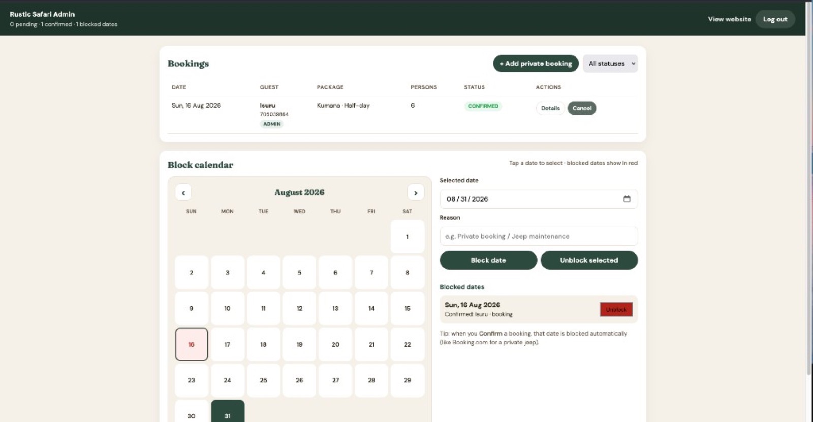 Rustic Safari Admin dashboard